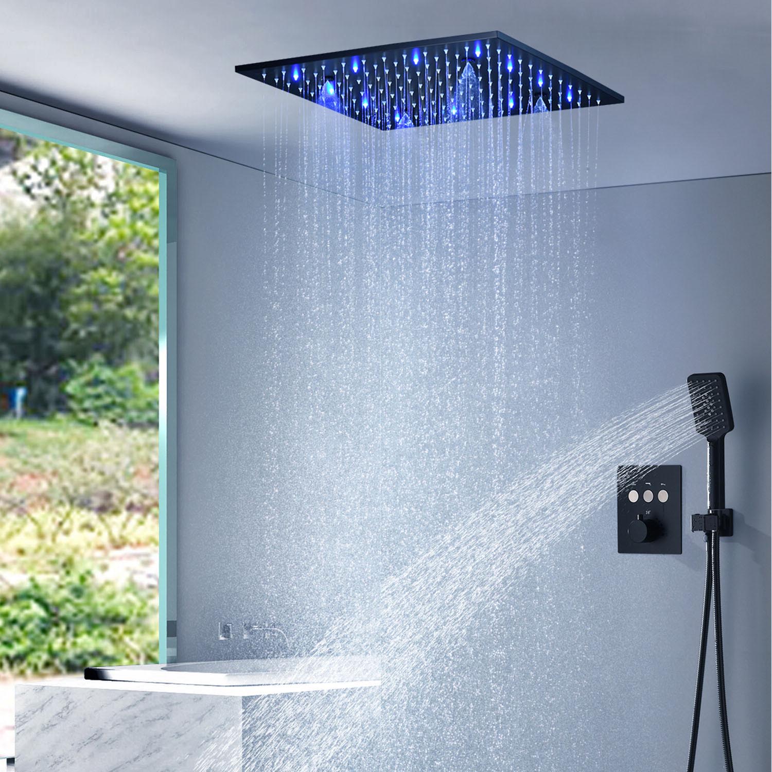LED埋込形シャワー水栓 サーモスタット式混合栓 シャワーシステム シャワーヘッド+ハンドシャワー 黒色