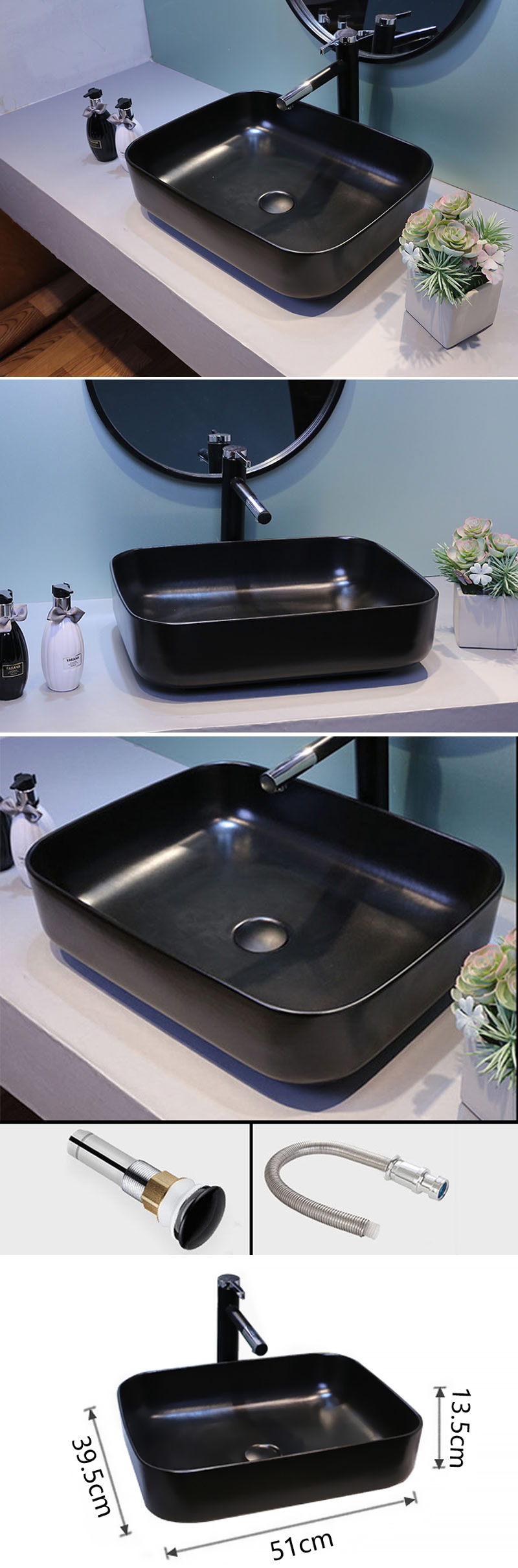 洗面ボール 手洗い鉢 洗面器 洗面ボウル 陶器 角型 黒色 排水栓&排水 