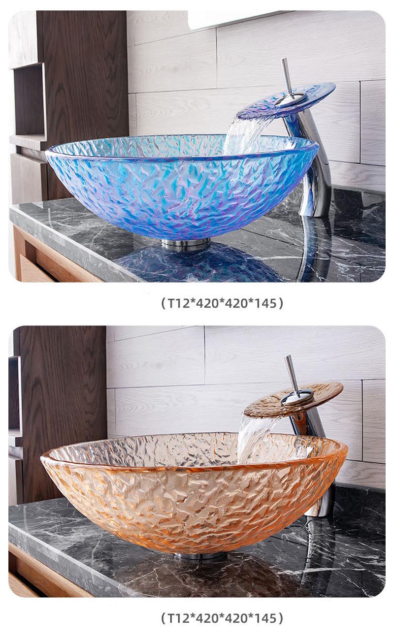 洗面ボウル＆蛇口セット 洗面器 手洗鉢 強化ガラス製 排水金具付 波柄 BWY146